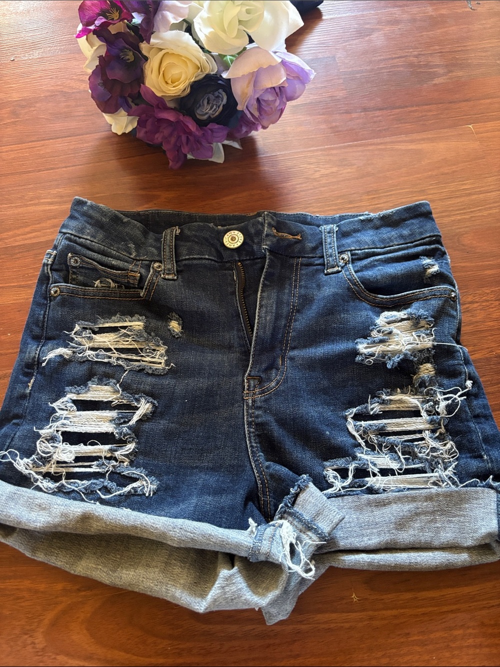 American Eagle Outfitters Distressed Dark Blue Rolled-Hem Jean Shorts